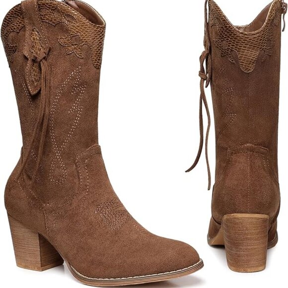 NEW! Women: Western Country High Heel Boots Suede Zipper Mid Calf Booties Brown - Picture 2 of 5